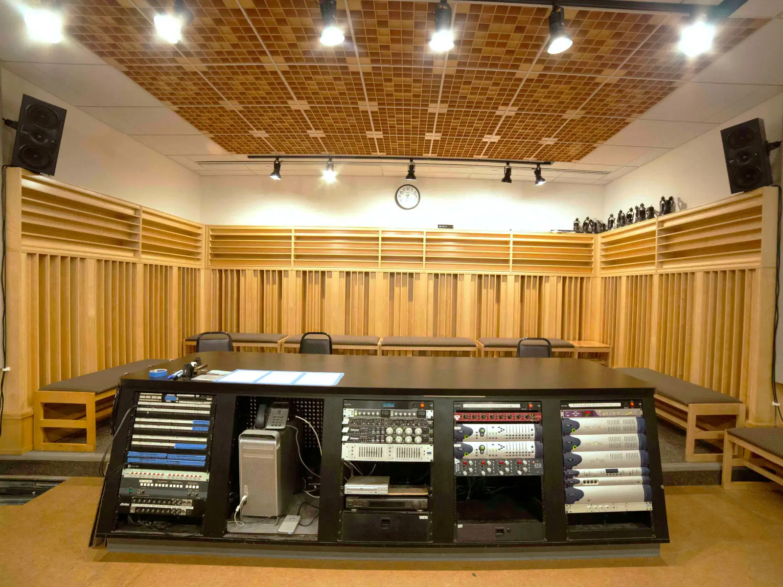 Recording equipment in a studio with speakers, computer and various hardware in Niemeyer Center at the Oregon City campus