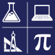 Science, Technology, Engineering + Math (STEM) EFA icon logos, a beaker, laptop, Pi symbol and triangle ruler