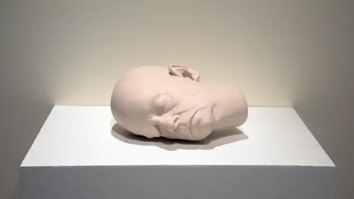 A sculpting of a human head laying down