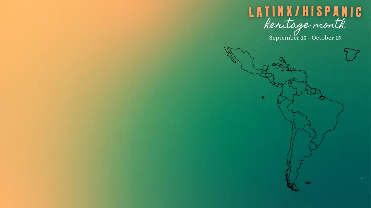 A tan-to-greeng radient followed by an outline of Central America, South America and Spain. Latinx/Hispanic Heritage Month, Sept. 15-Oct. 15