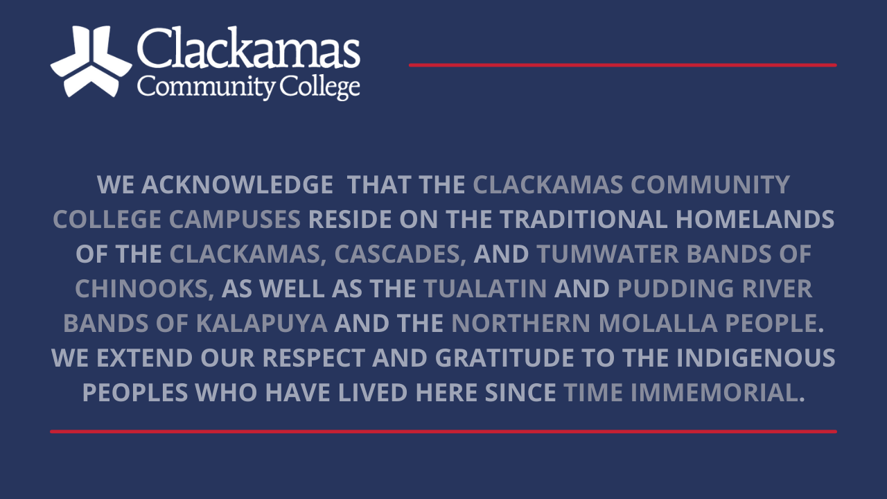 A blue background with the CCC logo to the top left and a statement from CCC acknowledging that the college resides on traditional homelands, extending respect and gratitude to the indigenous people who have lived here